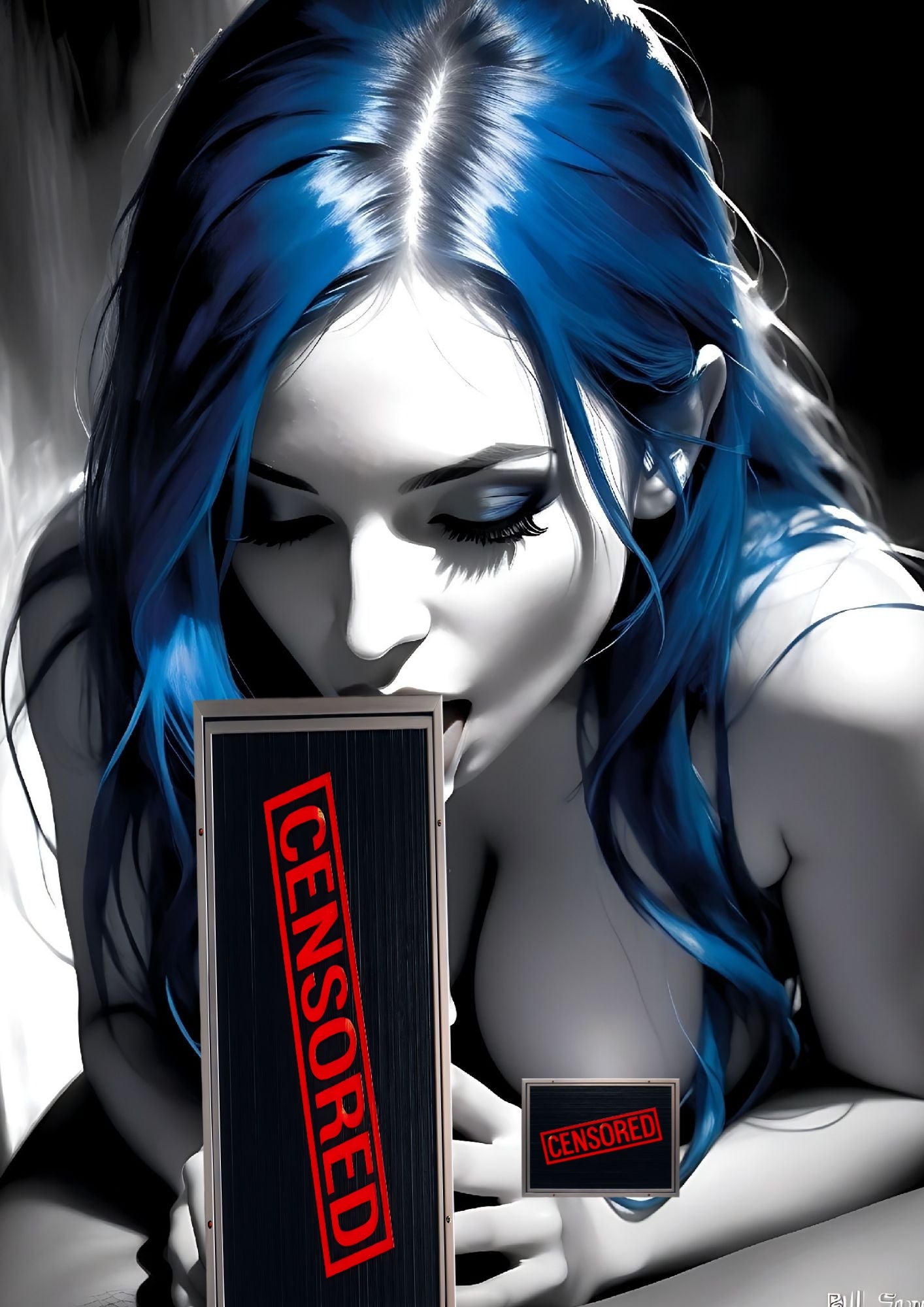 Hentai manga girls, NSFW art black white and blue, 160 images.